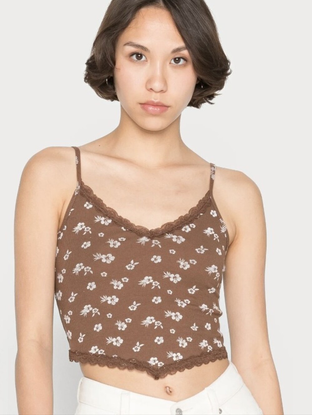 HOLLISTER Lace Trim Floral Coastal Cami L Ribbed Knit Tropical Hawaiian Crop Top